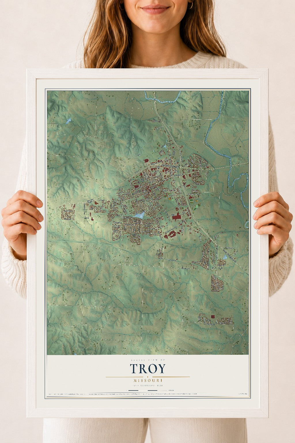 Map of Troy, Missouri, 18 x 24 inch print in a white wood frame