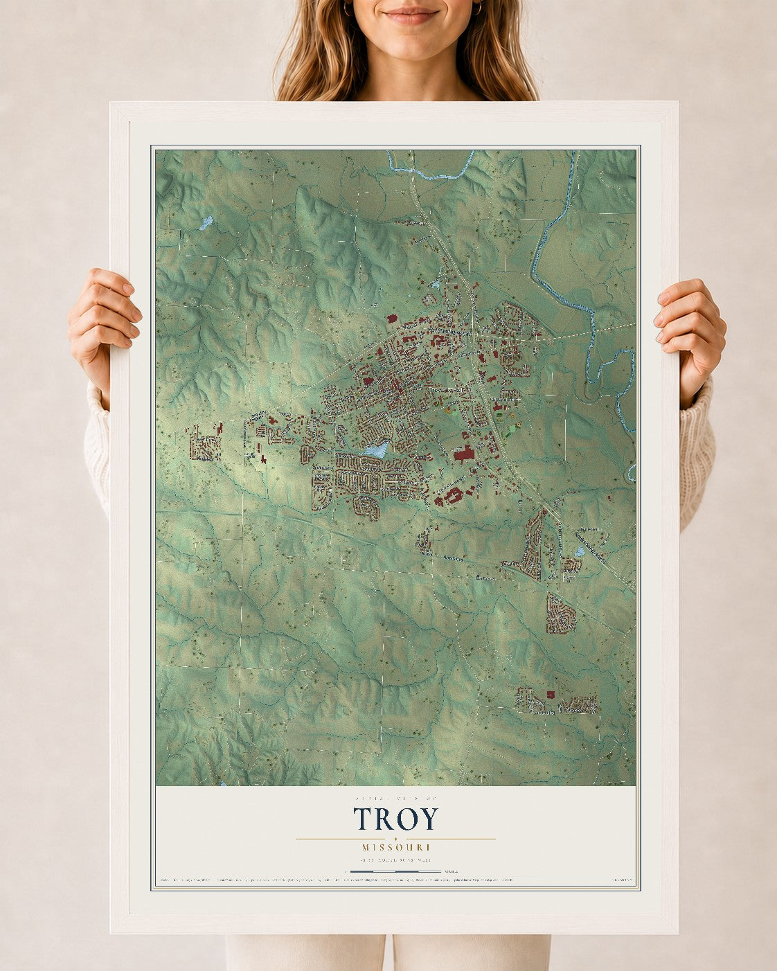 Map of Troy, Missouri, 24 x 36 inch print in a white wood frame