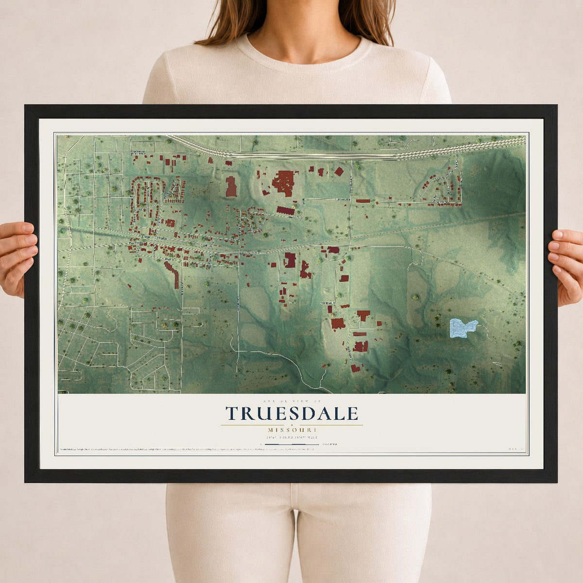 Map of Truesdale, Missouri, 18 x 24 inch print in a black wood frame