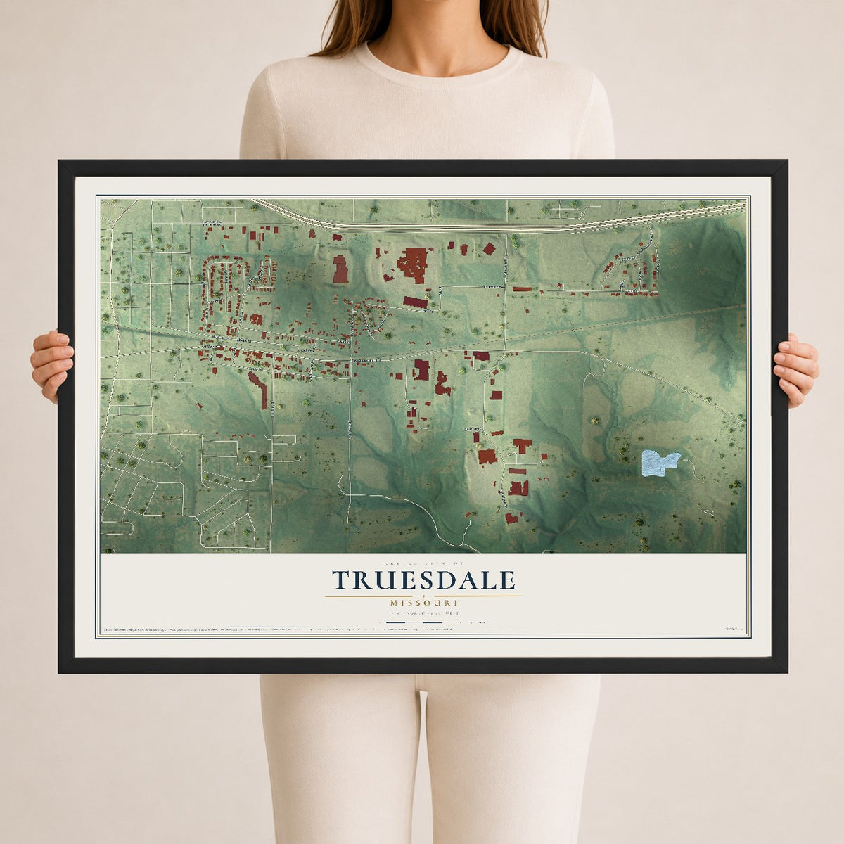 Map of Truesdale, Missouri, 24 x 36 inch print in a black wood frame