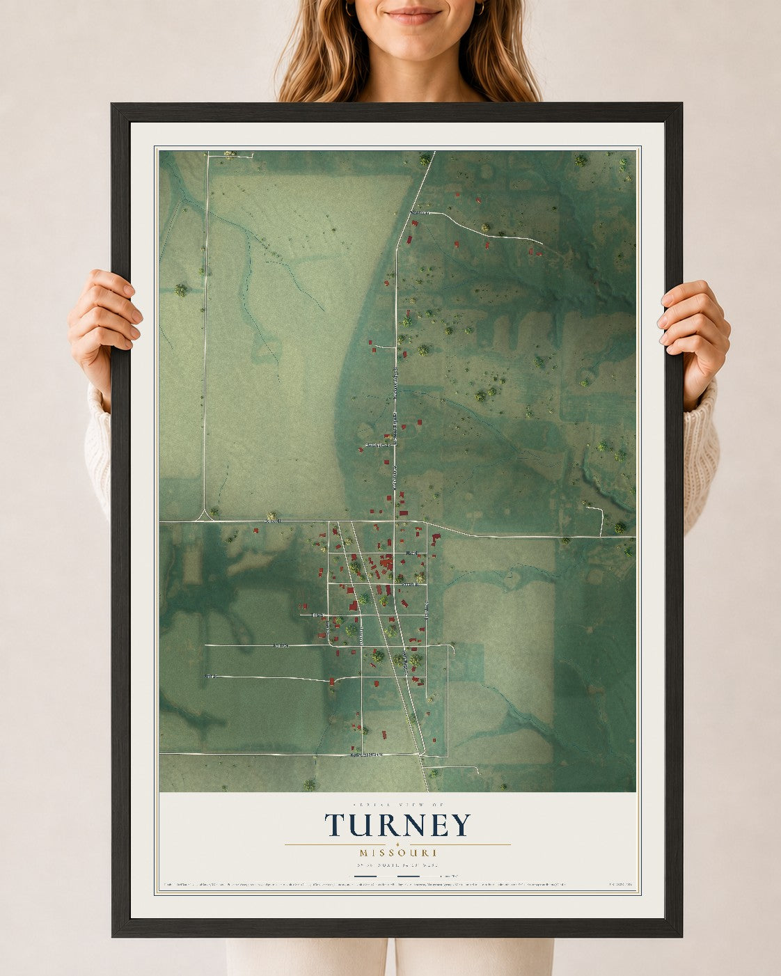 Map of Turney, Missouri, 24 x 36 inch print in a black wood frame