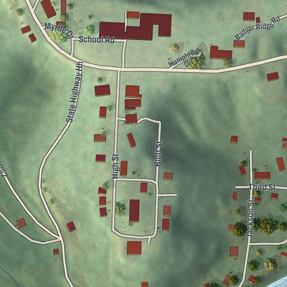 Close-up of the map of Tuscumbia, Missouri print showing street and building detail