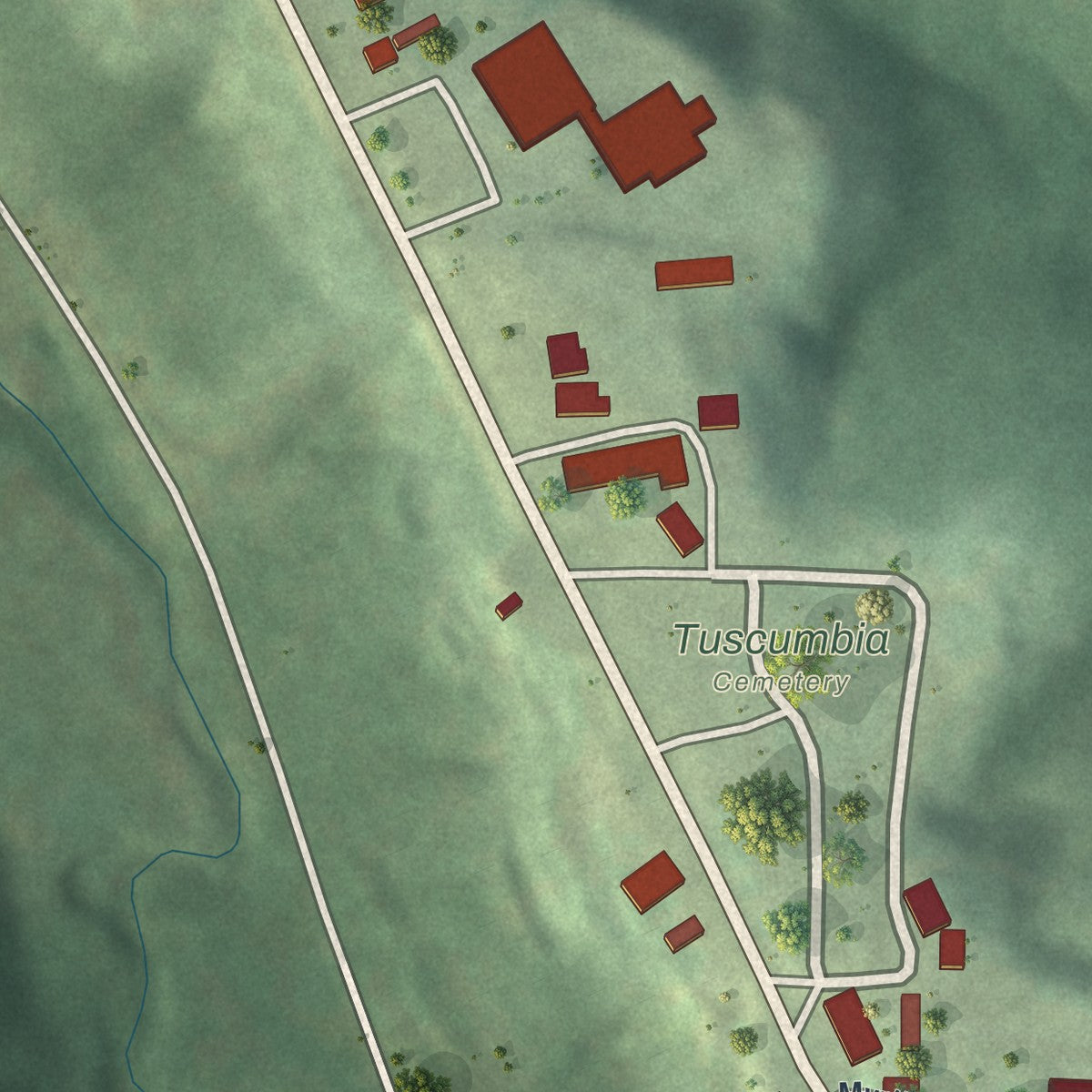 Second close-up of the map of Tuscumbia, Missouri print showing more streets and buildings