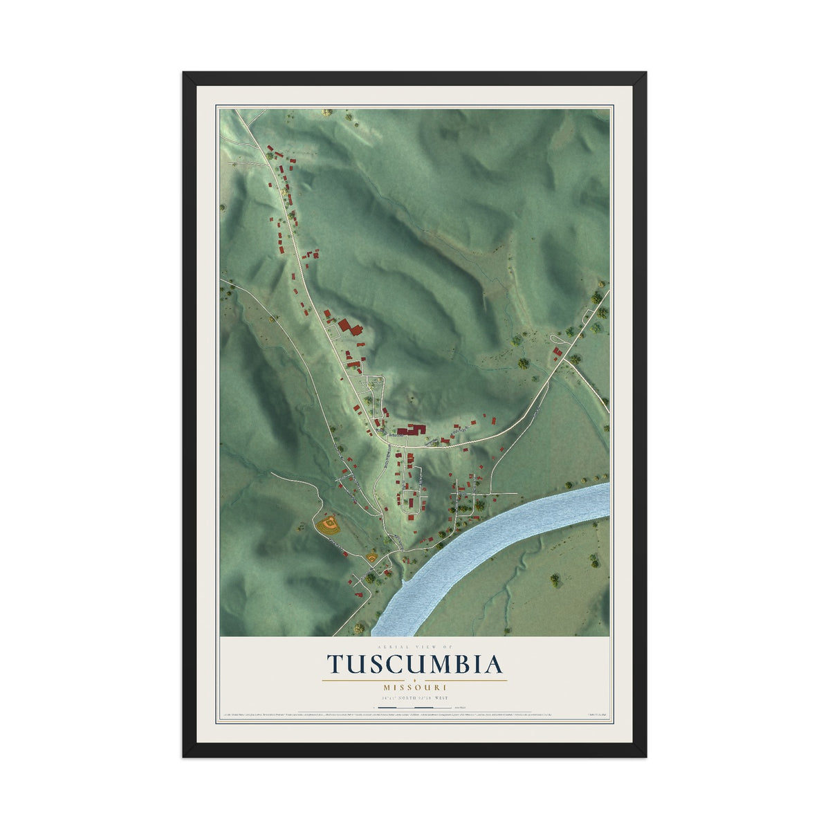Map of Tuscumbia, Missouri, 12 x 18 inch print in a black wood frame