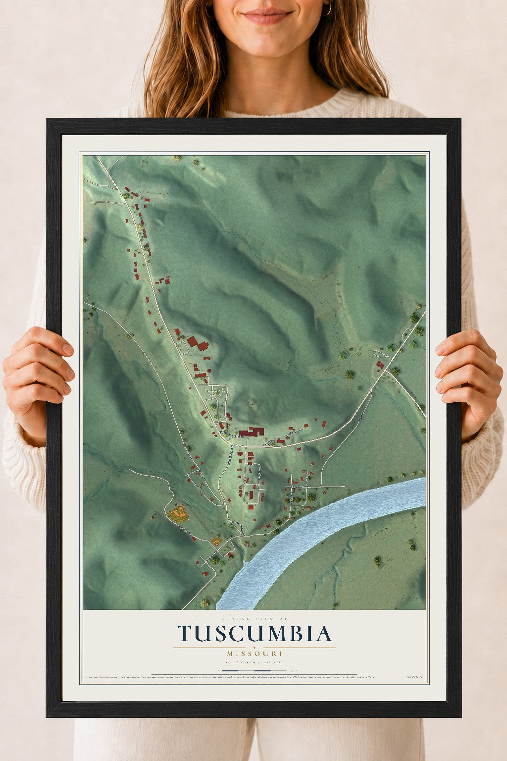 Map of Tuscumbia, Missouri, 18 x 24 inch print in a black wood frame