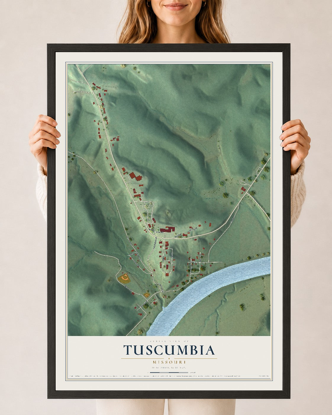 Map of Tuscumbia, Missouri, 24 x 36 inch print in a black wood frame