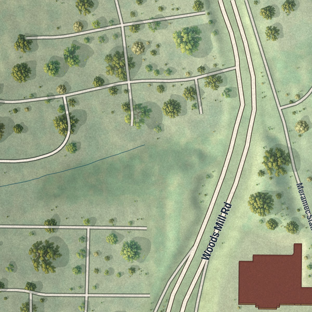 Close-up of the map of Twin Oaks, Missouri print showing street and building detail