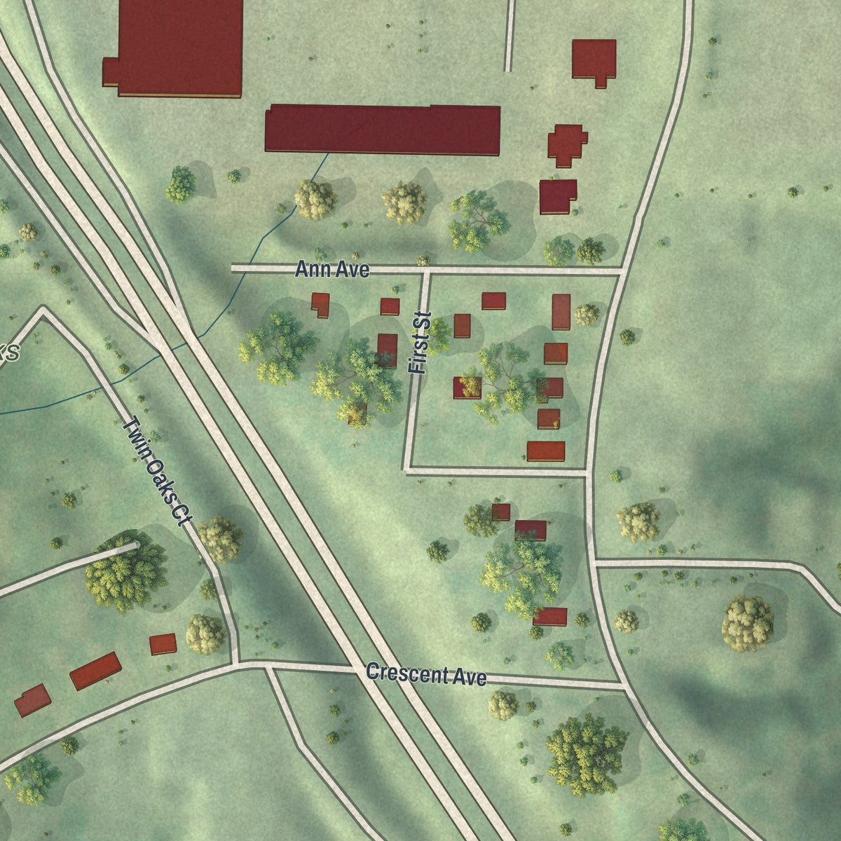 Second close-up of the map of Twin Oaks, Missouri print showing more streets and buildings