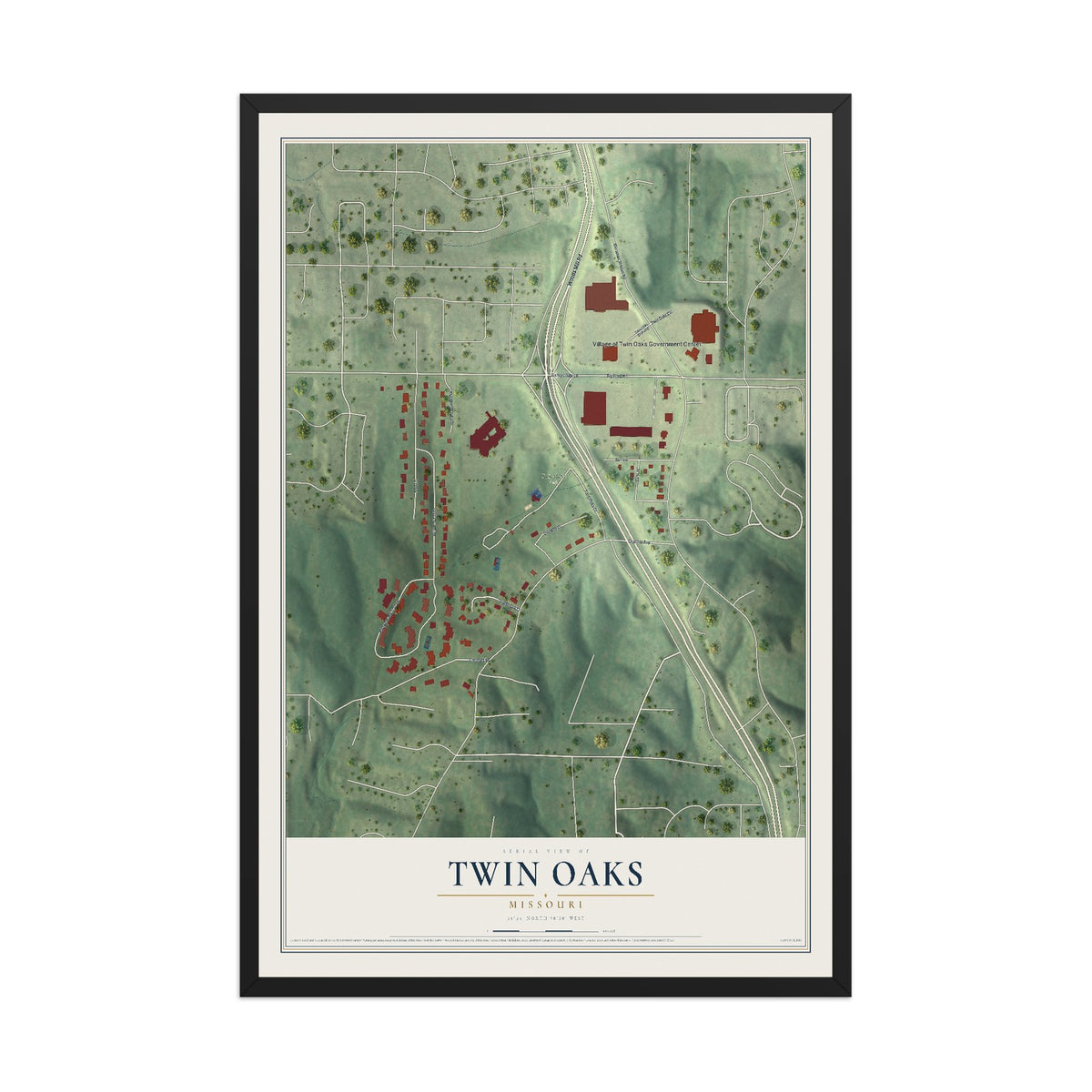 Map of Twin Oaks, Missouri, 12 x 18 inch print in a black wood frame