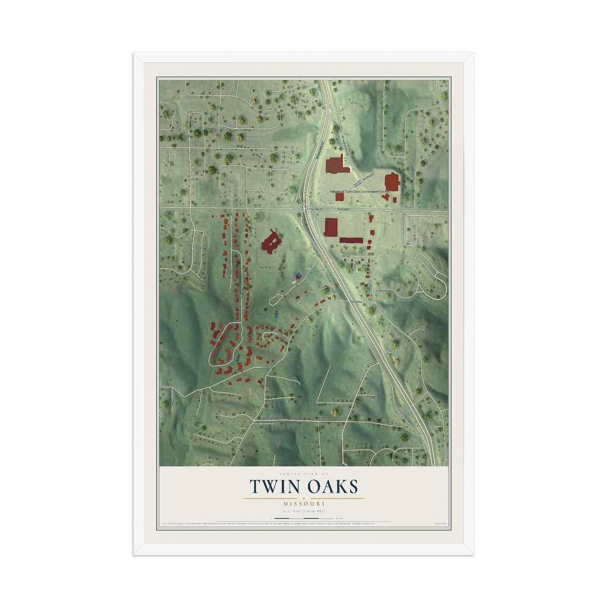 Map of Twin Oaks, Missouri, 12 x 18 inch print in a white wood frame