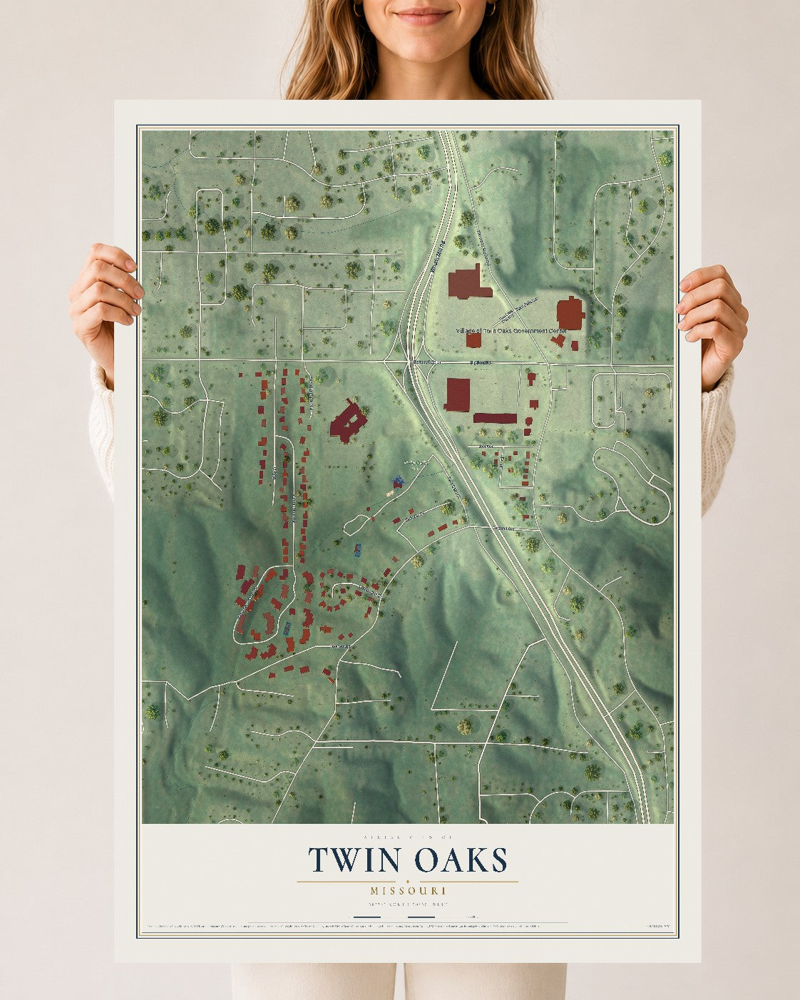 Map of Twin Oaks, Missouri, 24 x 36 inch unframed archival matte print