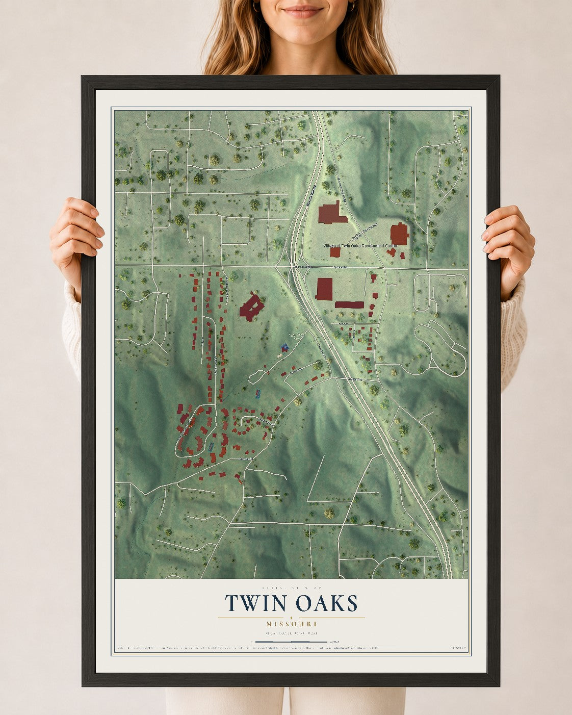 Map of Twin Oaks, Missouri, 24 x 36 inch print in a black wood frame