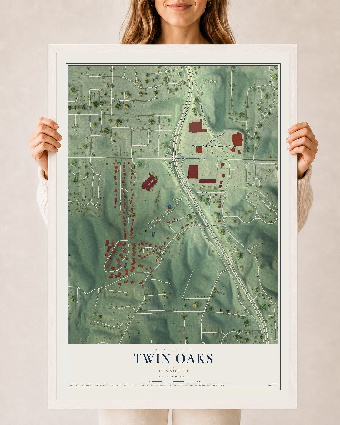 Map of Twin Oaks, Missouri, 24 x 36 inch print in a white wood frame