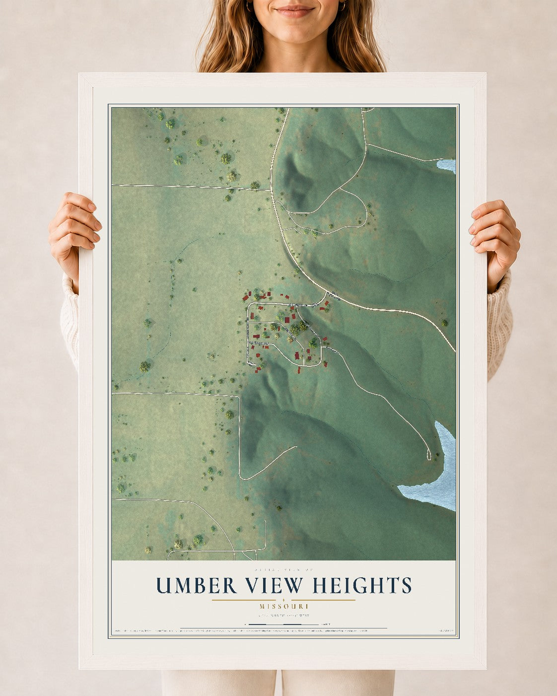 Map of Umber View Heights, Missouri, 24 x 36 inch print in a white wood frame