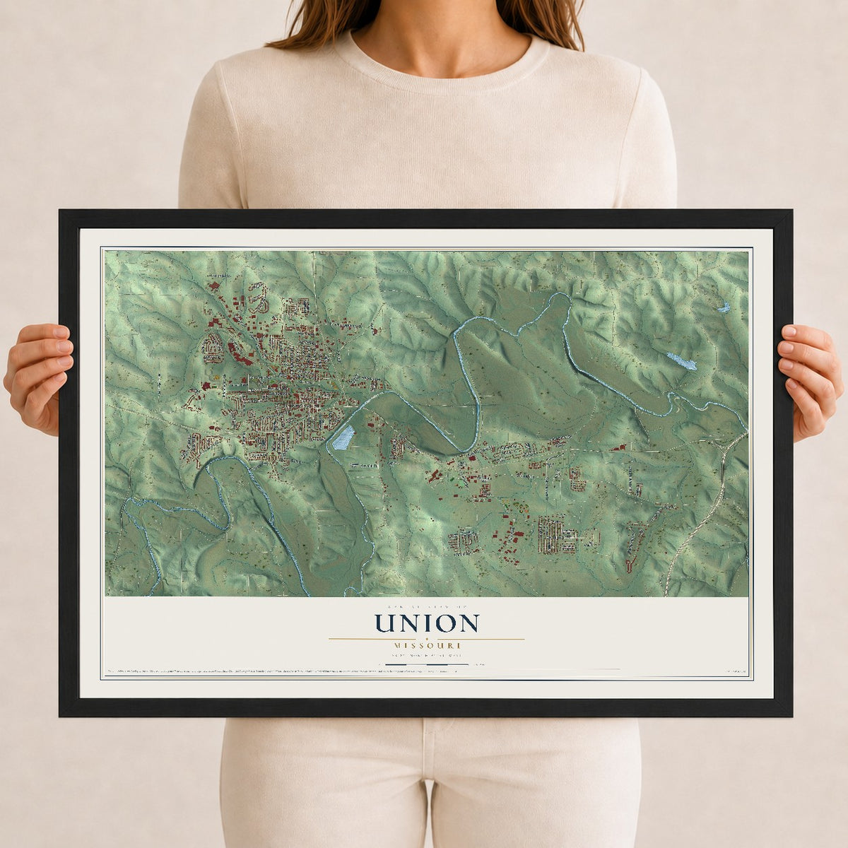 Map of Union, Missouri, 12 x 18 inch print in a black wood frame