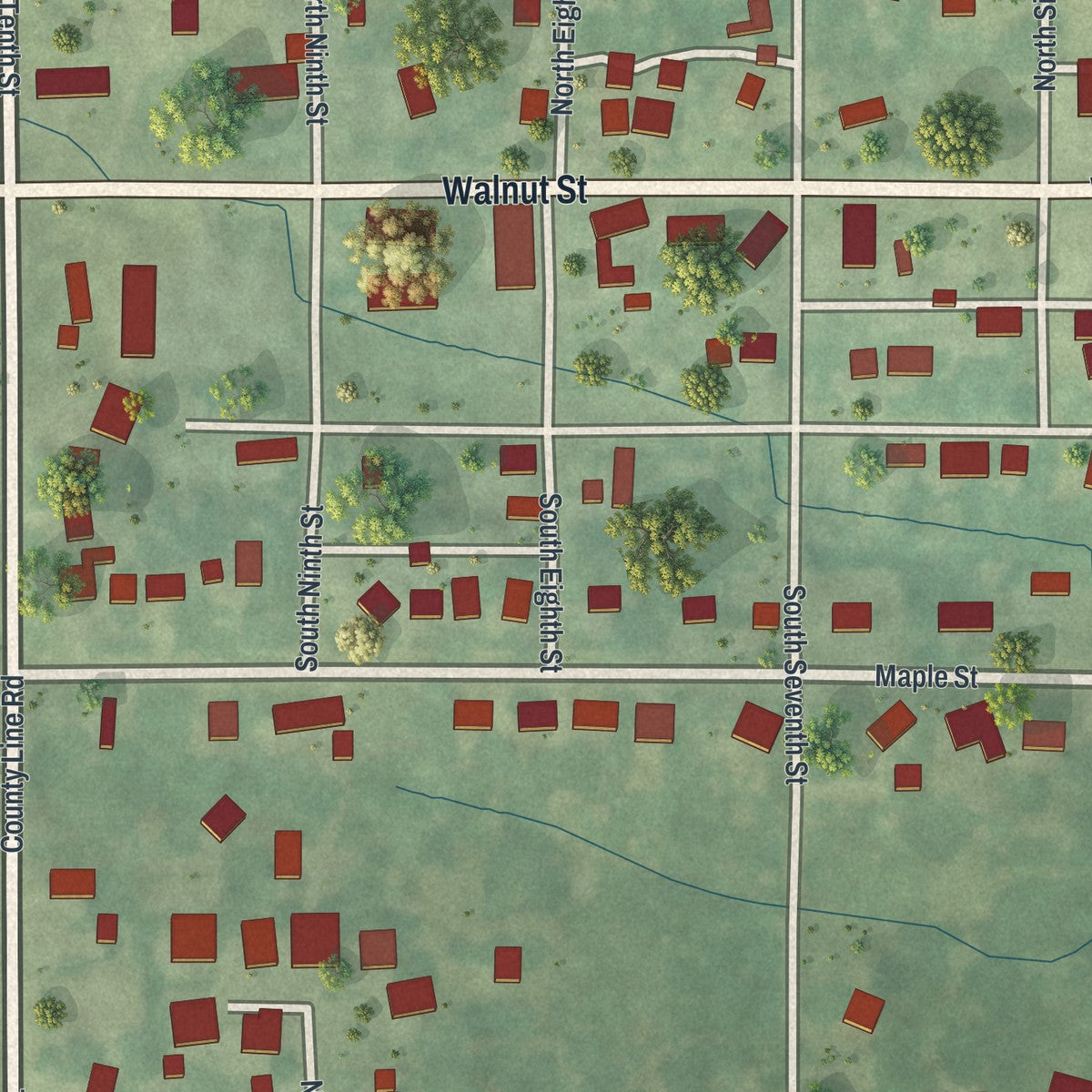 Second close-up of the map of Union Star, Missouri print showing more streets and buildings