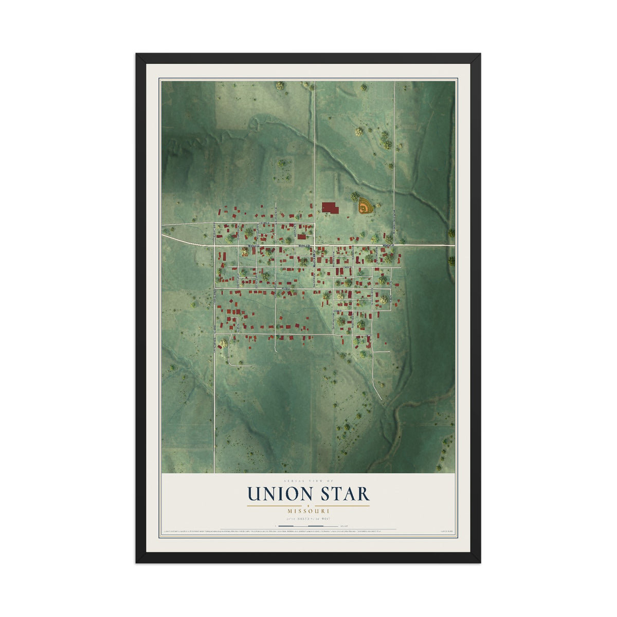 Map of Union Star, Missouri, 12 x 18 inch print in a black wood frame