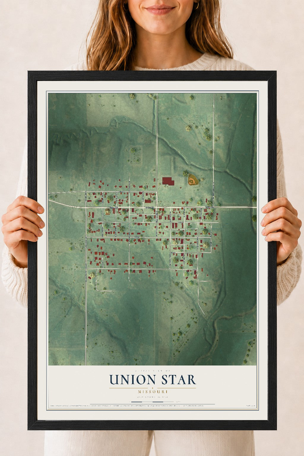 Map of Union Star, Missouri, 18 x 24 inch print in a black wood frame