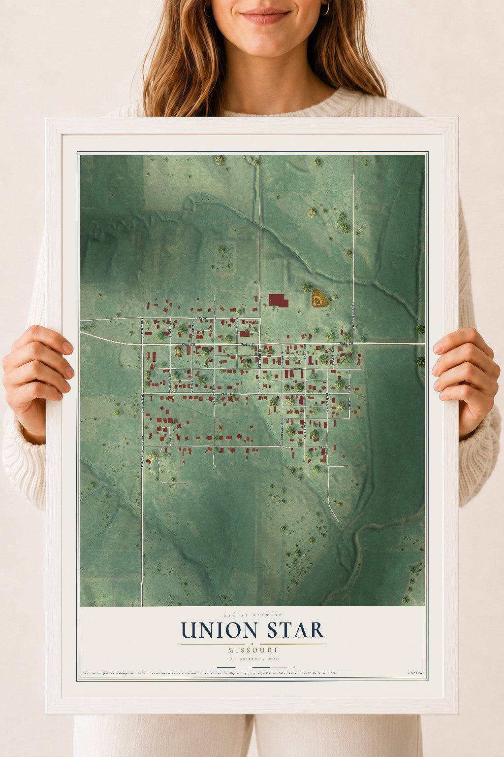 Map of Union Star, Missouri, 18 x 24 inch print in a white wood frame