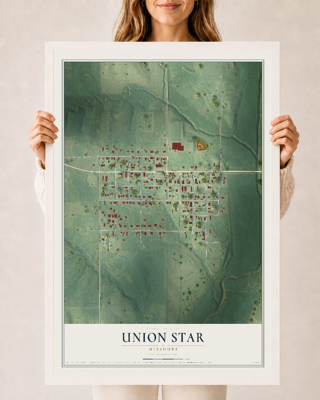Map of Union Star, Missouri, 24 x 36 inch print in a white wood frame