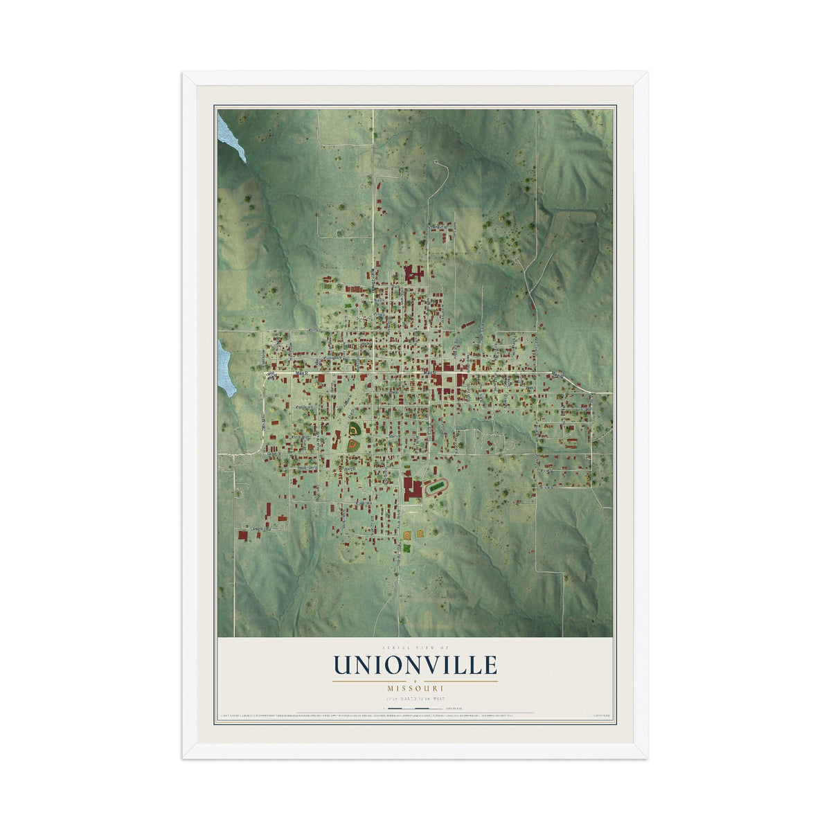 Map of Unionville, Missouri, 12 x 18 inch print in a white wood frame