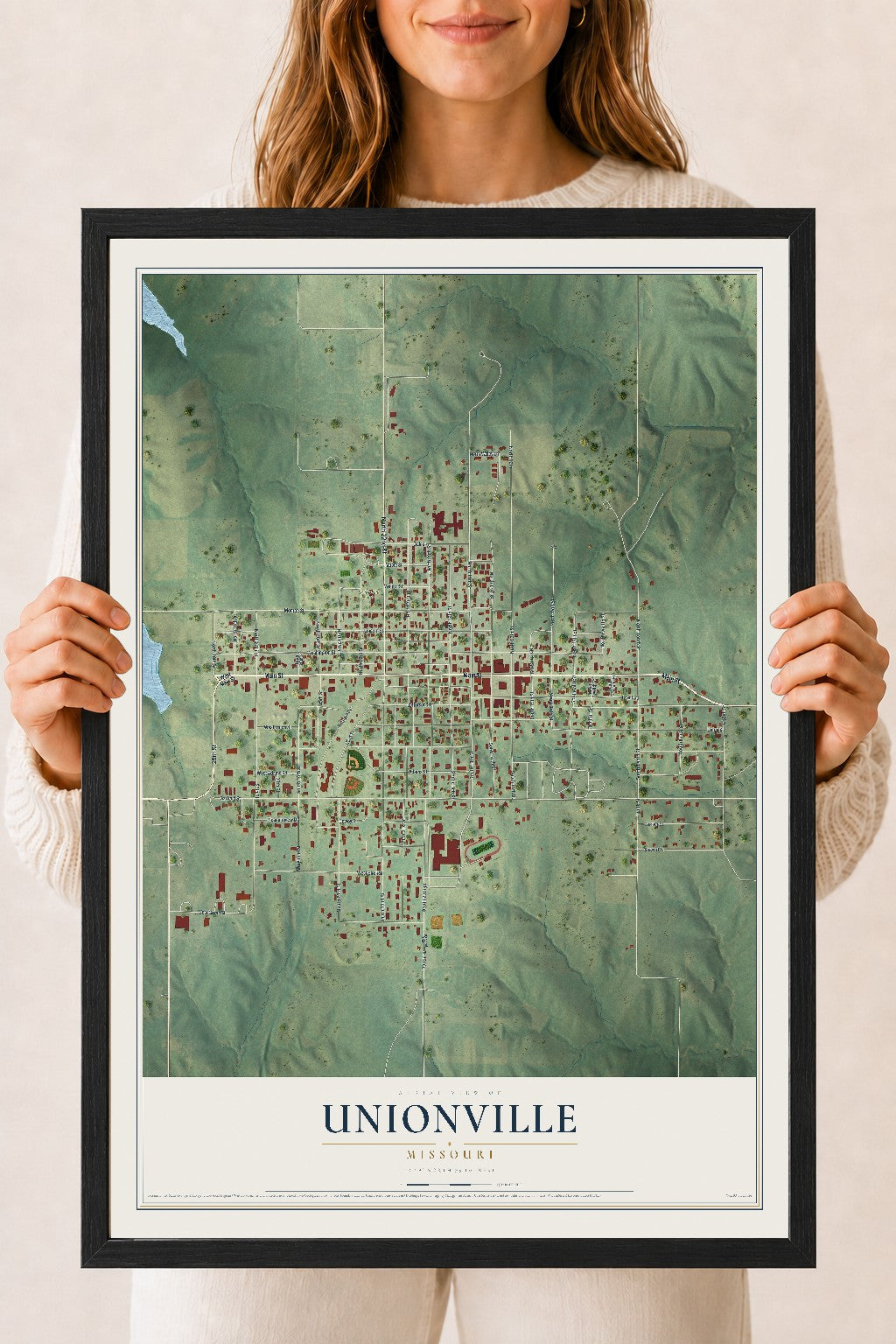 Map of Unionville, Missouri, 18 x 24 inch print in a black wood frame