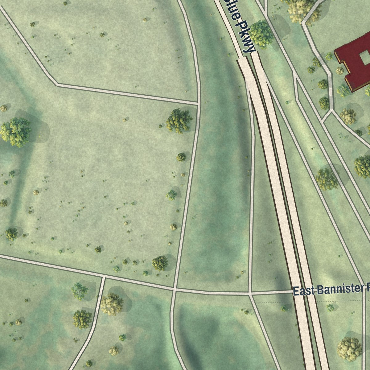 Close-up of the map of Unity Village, Missouri print showing street and building detail