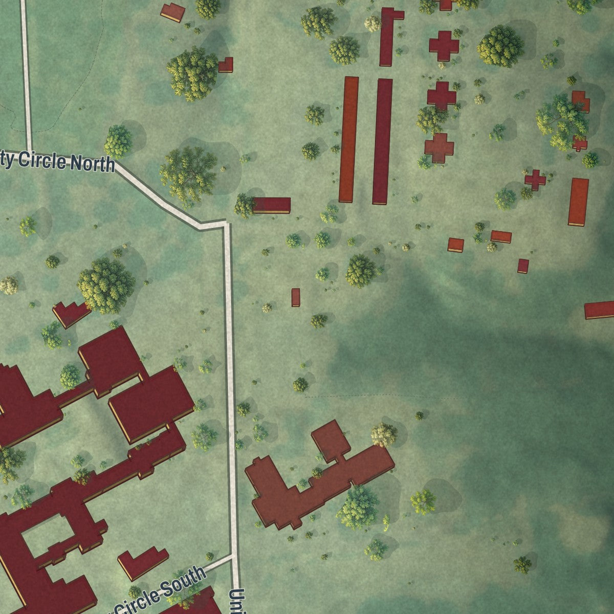 Second close-up of the map of Unity Village, Missouri print showing more streets and buildings