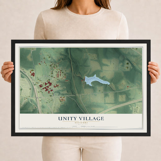 Map of Unity Village, Missouri, 12 x 18 inch print in a black wood frame