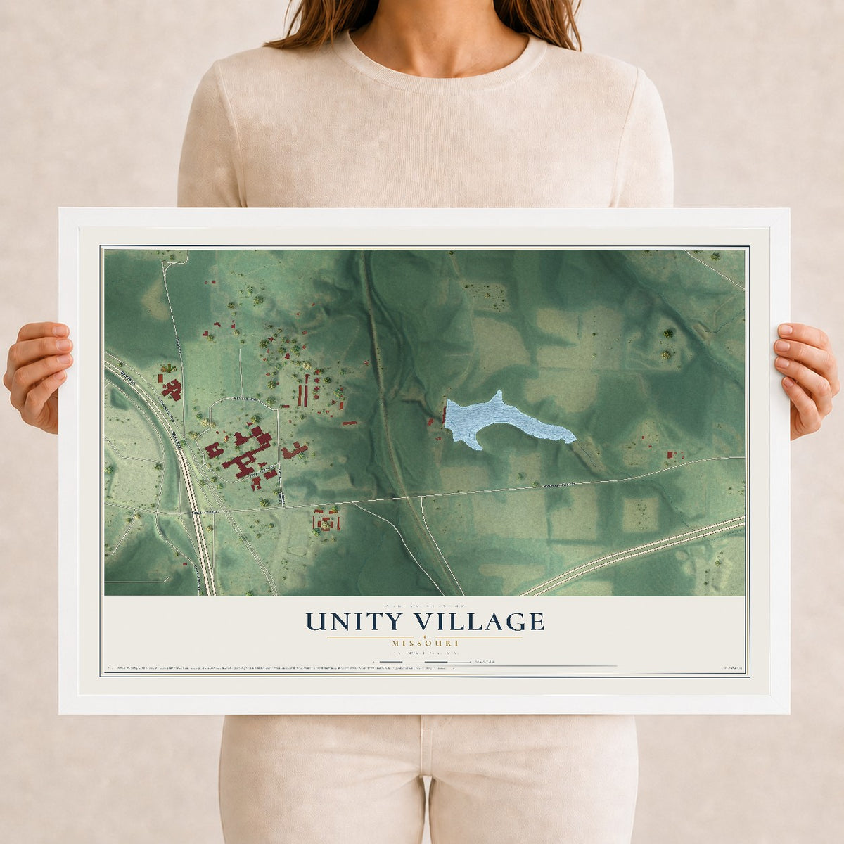 Map of Unity Village, Missouri, 12 x 18 inch print in a white wood frame