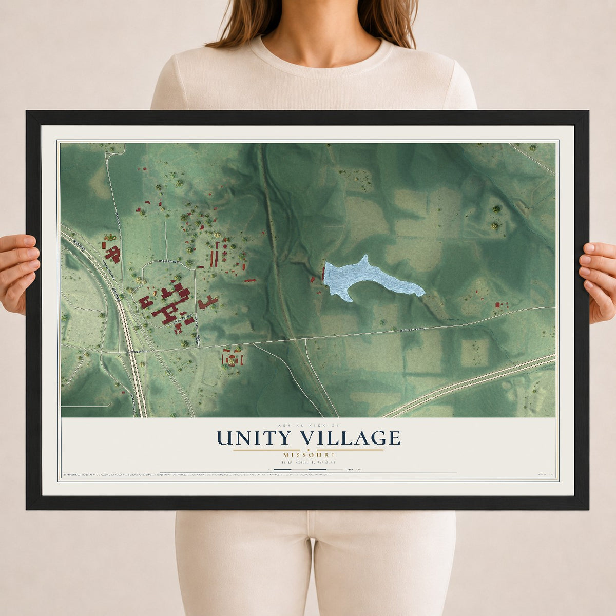 Map of Unity Village, Missouri, 18 x 24 inch print in a black wood frame
