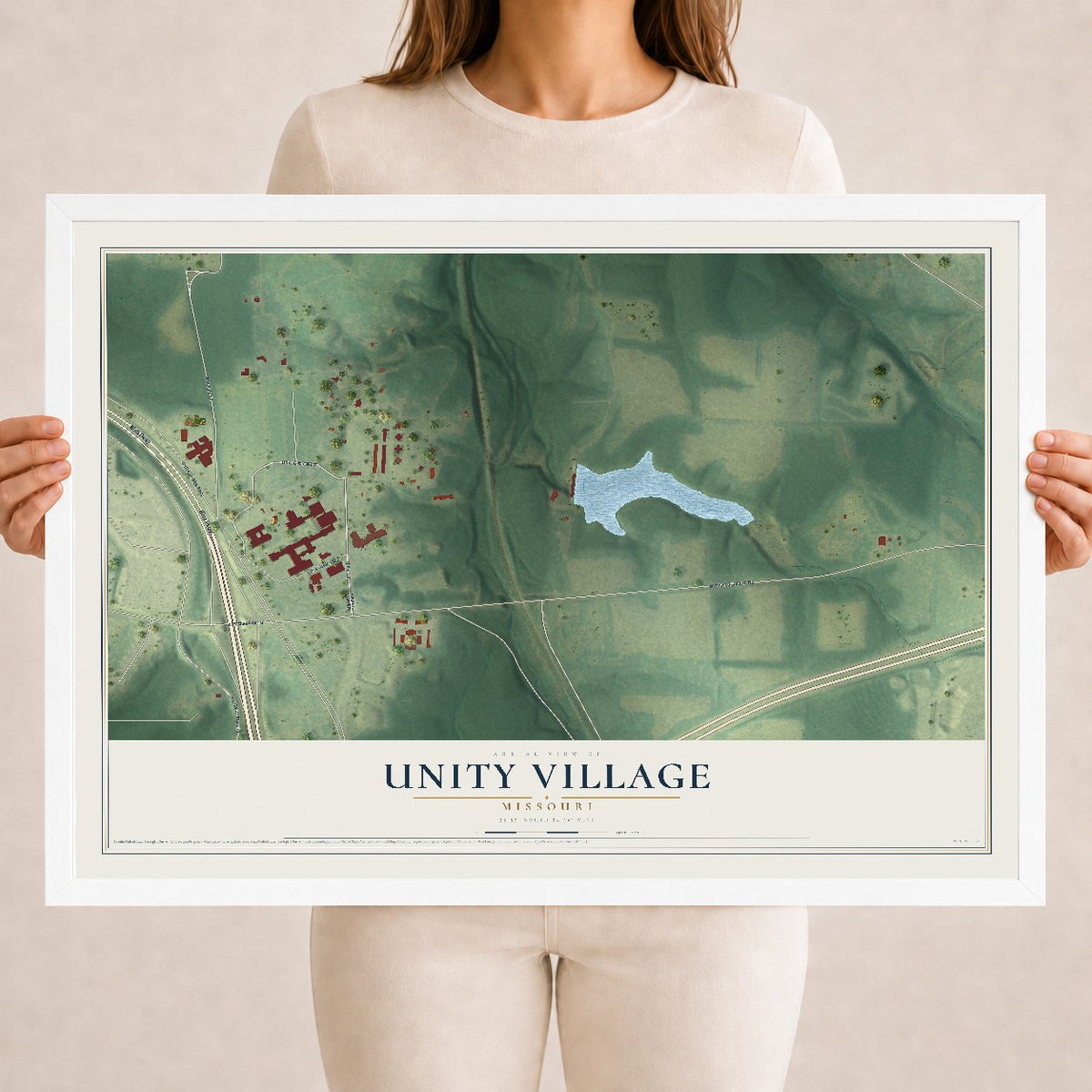 Map of Unity Village, Missouri, 18 x 24 inch print in a white wood frame