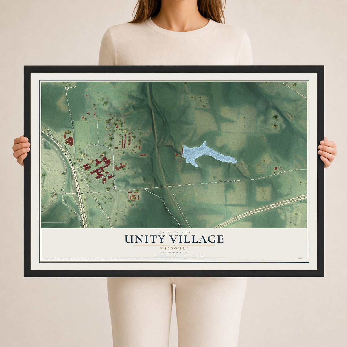 Map of Unity Village, Missouri, 24 x 36 inch print in a black wood frame