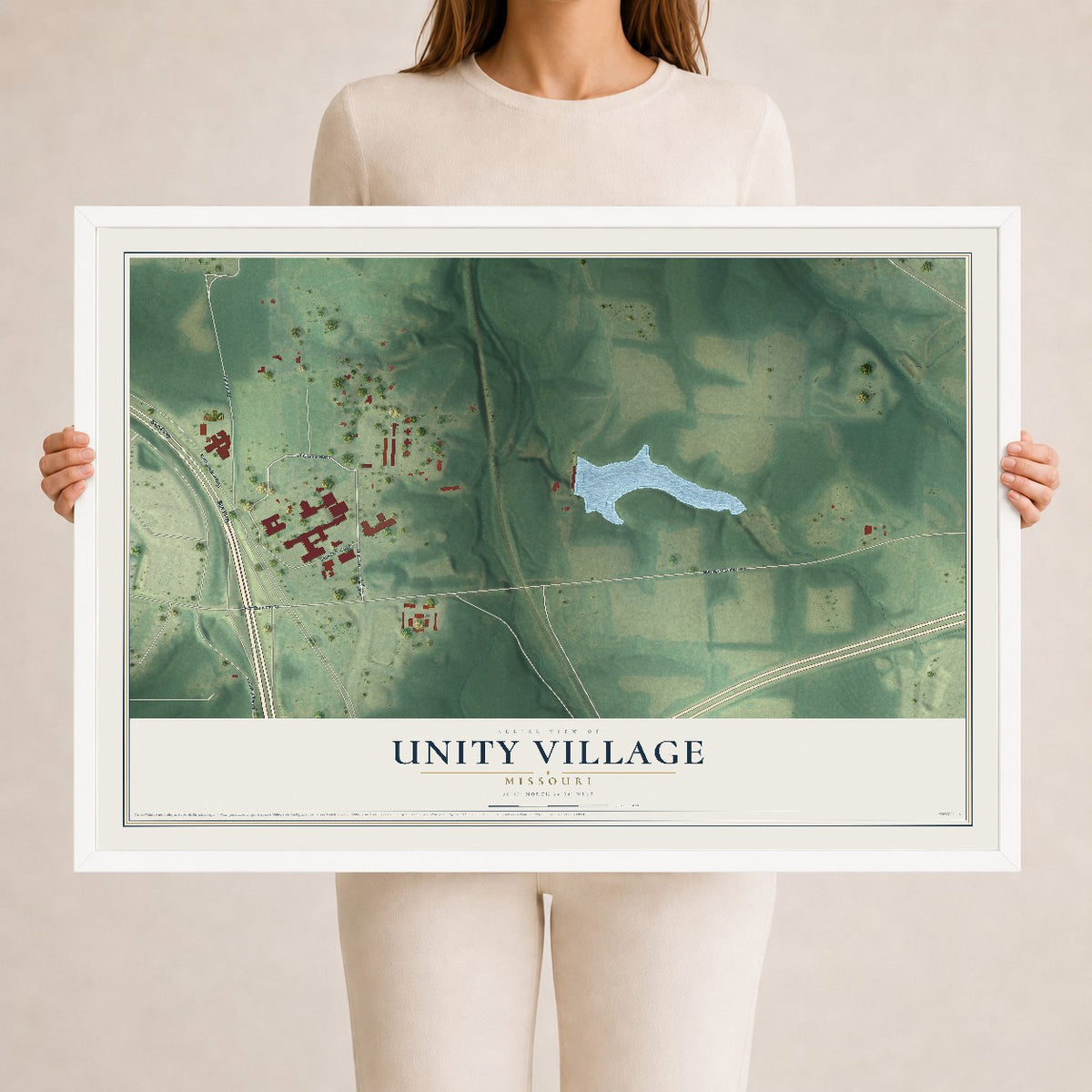 Map of Unity Village, Missouri, 24 x 36 inch print in a white wood frame