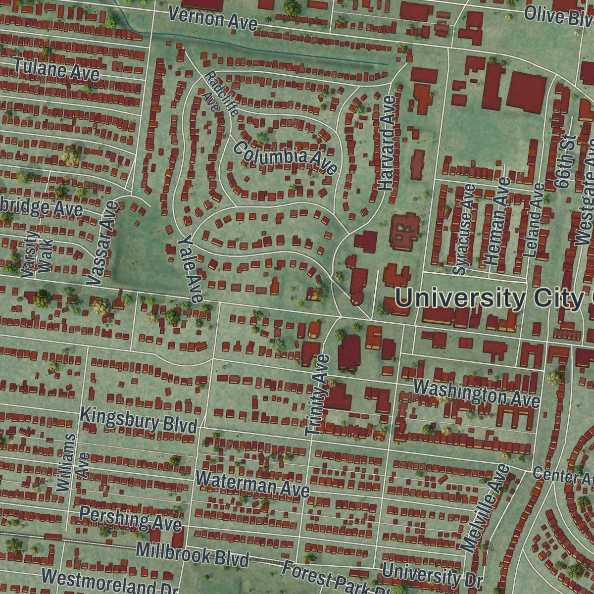 Close-up of the map of University City, Missouri print showing street and building detail