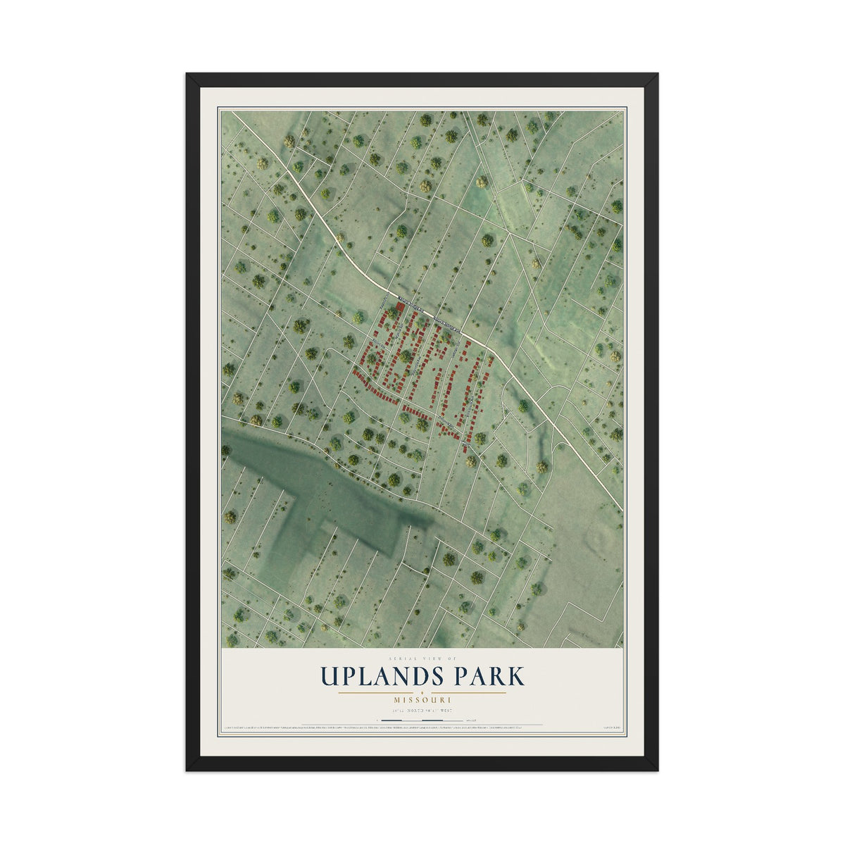 Map of Uplands Park, Missouri, 12 x 18 inch print in a black wood frame