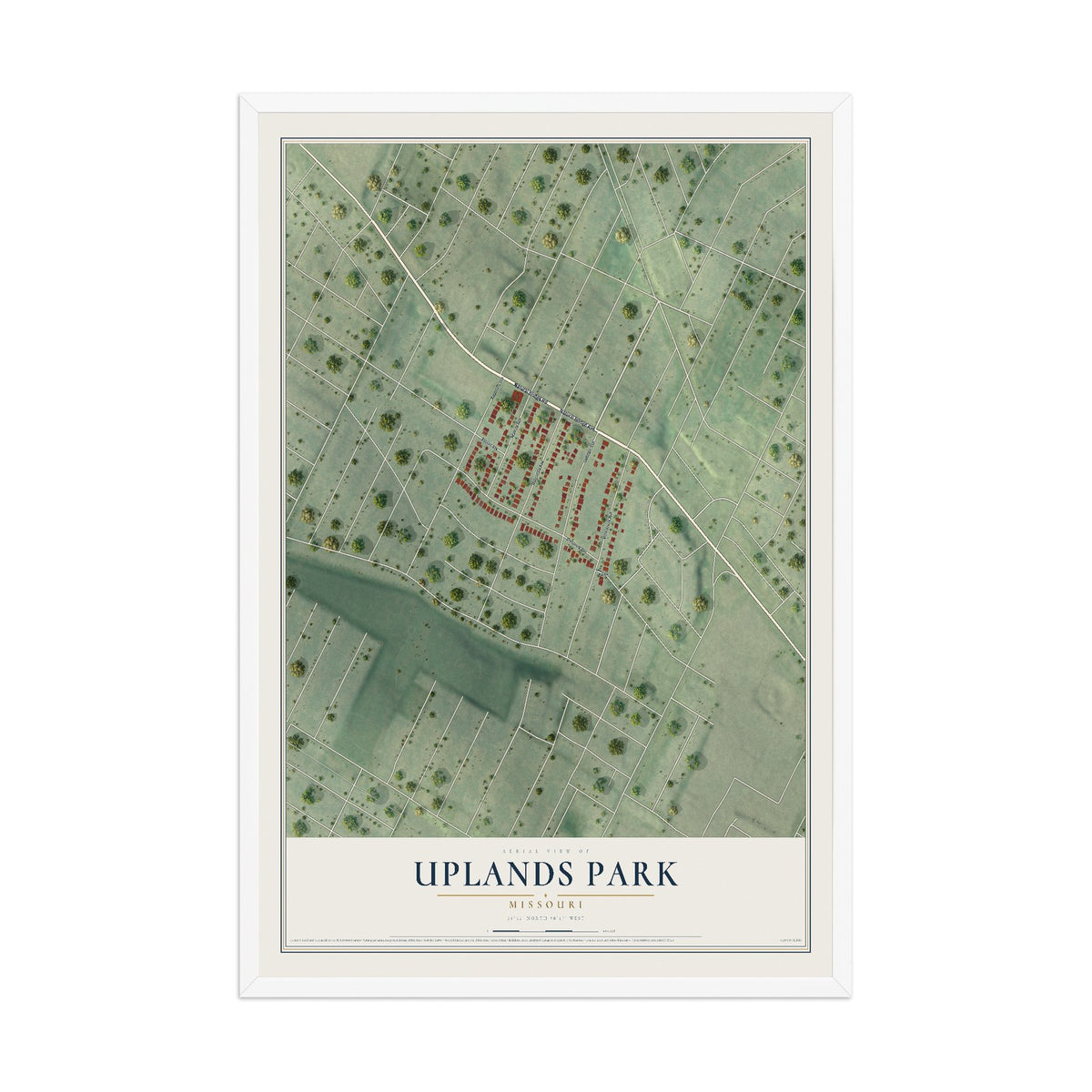 Map of Uplands Park, Missouri, 12 x 18 inch print in a white wood frame