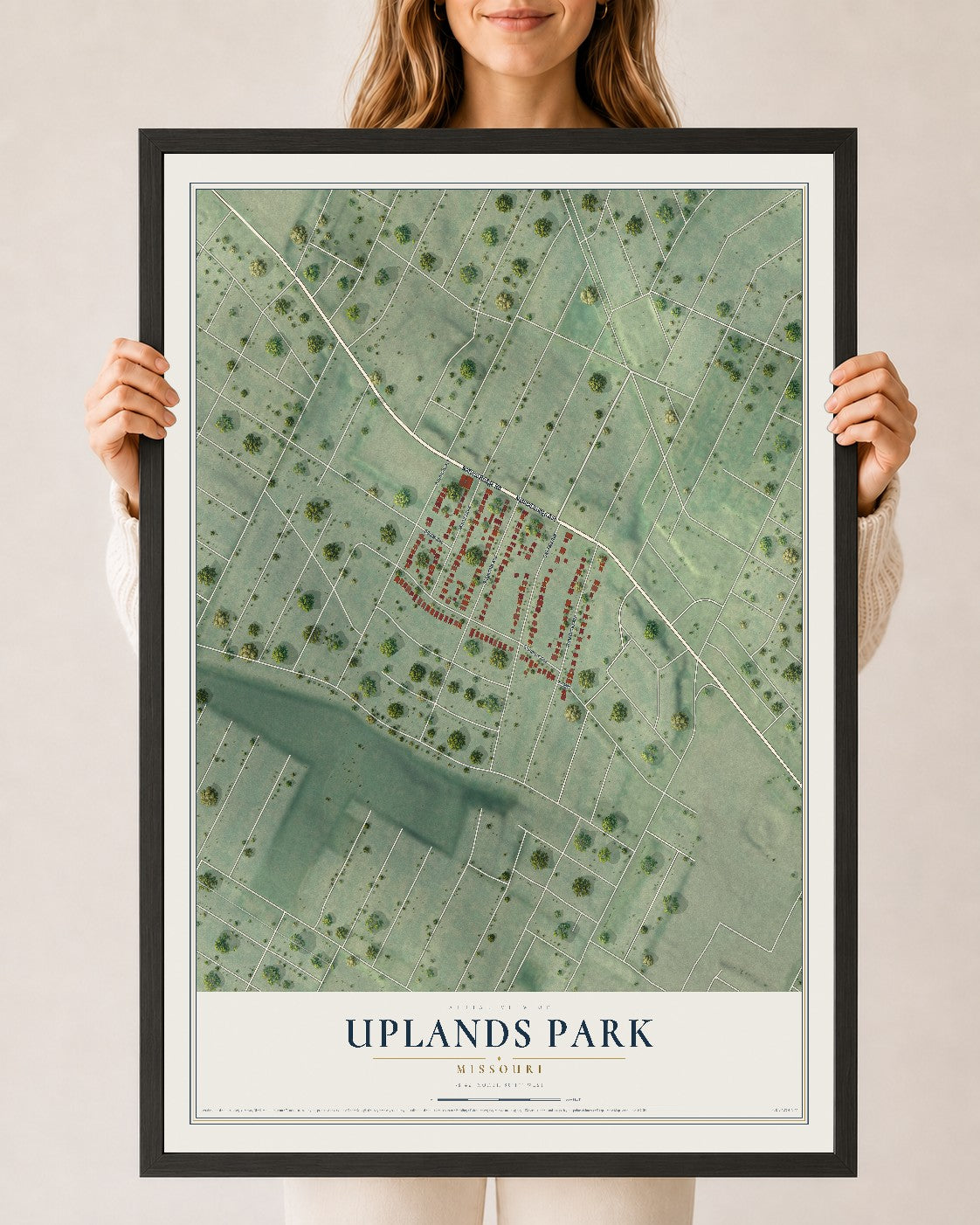 Map of Uplands Park, Missouri, 24 x 36 inch print in a black wood frame