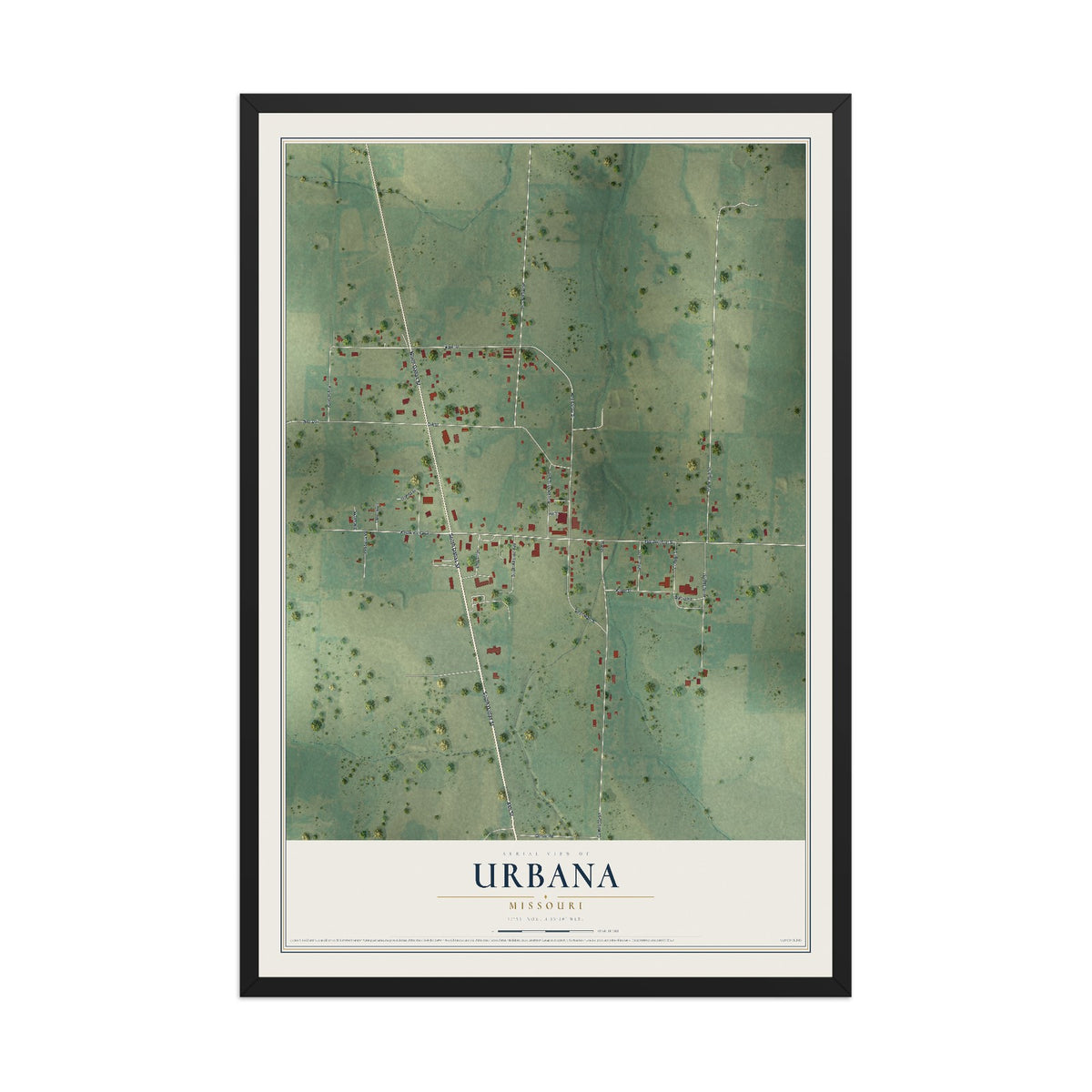 Map of Urbana, Missouri, 12 x 18 inch print in a black wood frame