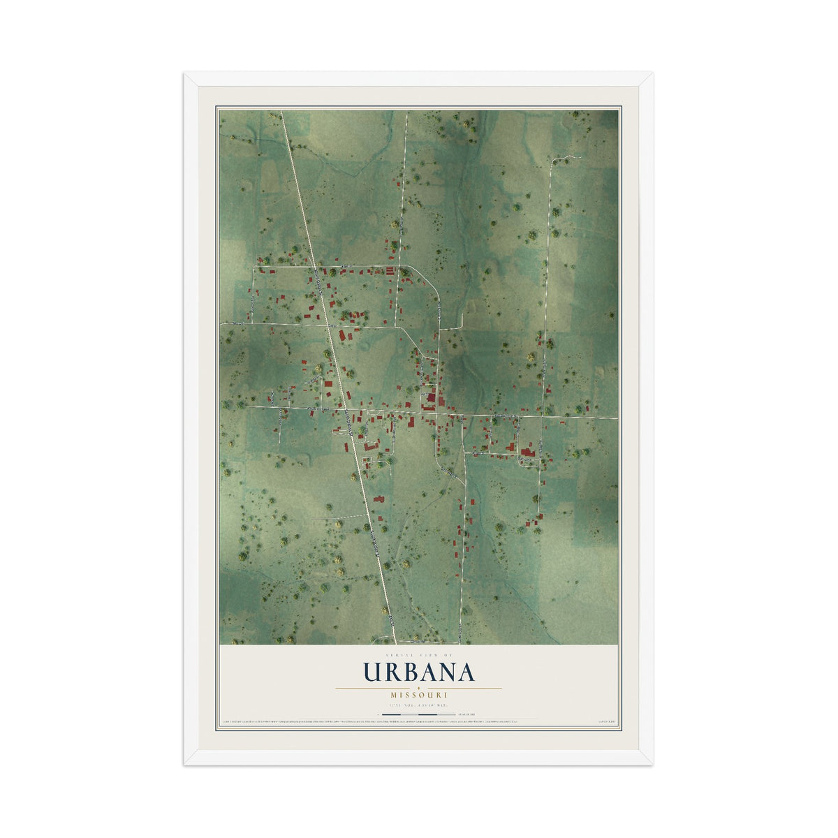 Map of Urbana, Missouri, 12 x 18 inch print in a white wood frame