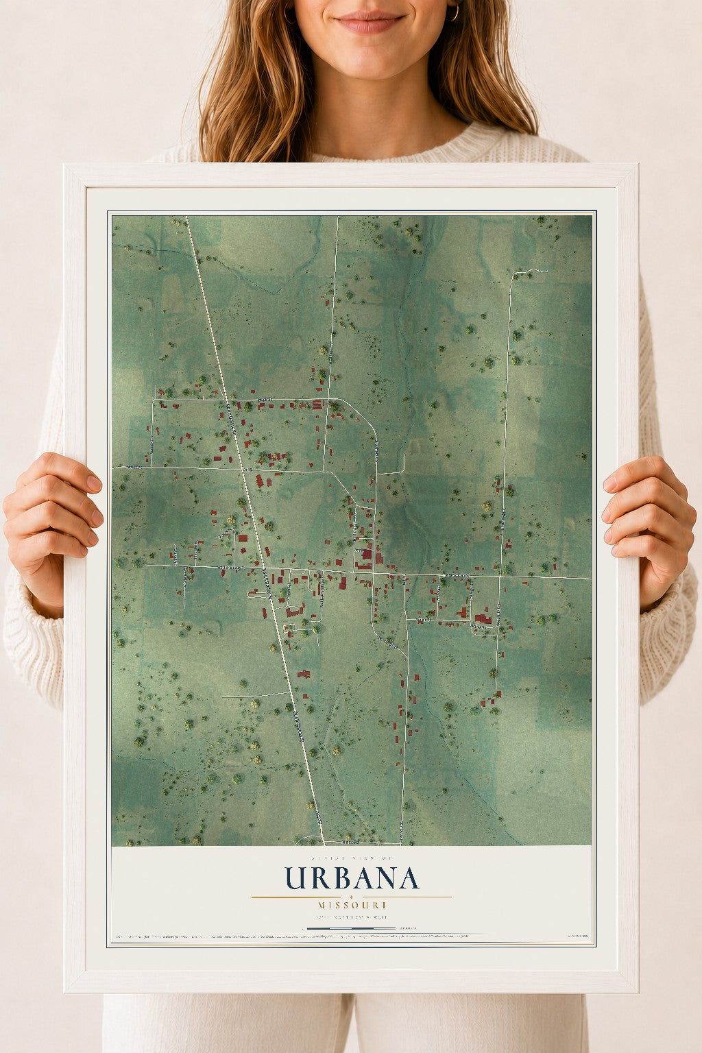Map of Urbana, Missouri, 18 x 24 inch print in a white wood frame