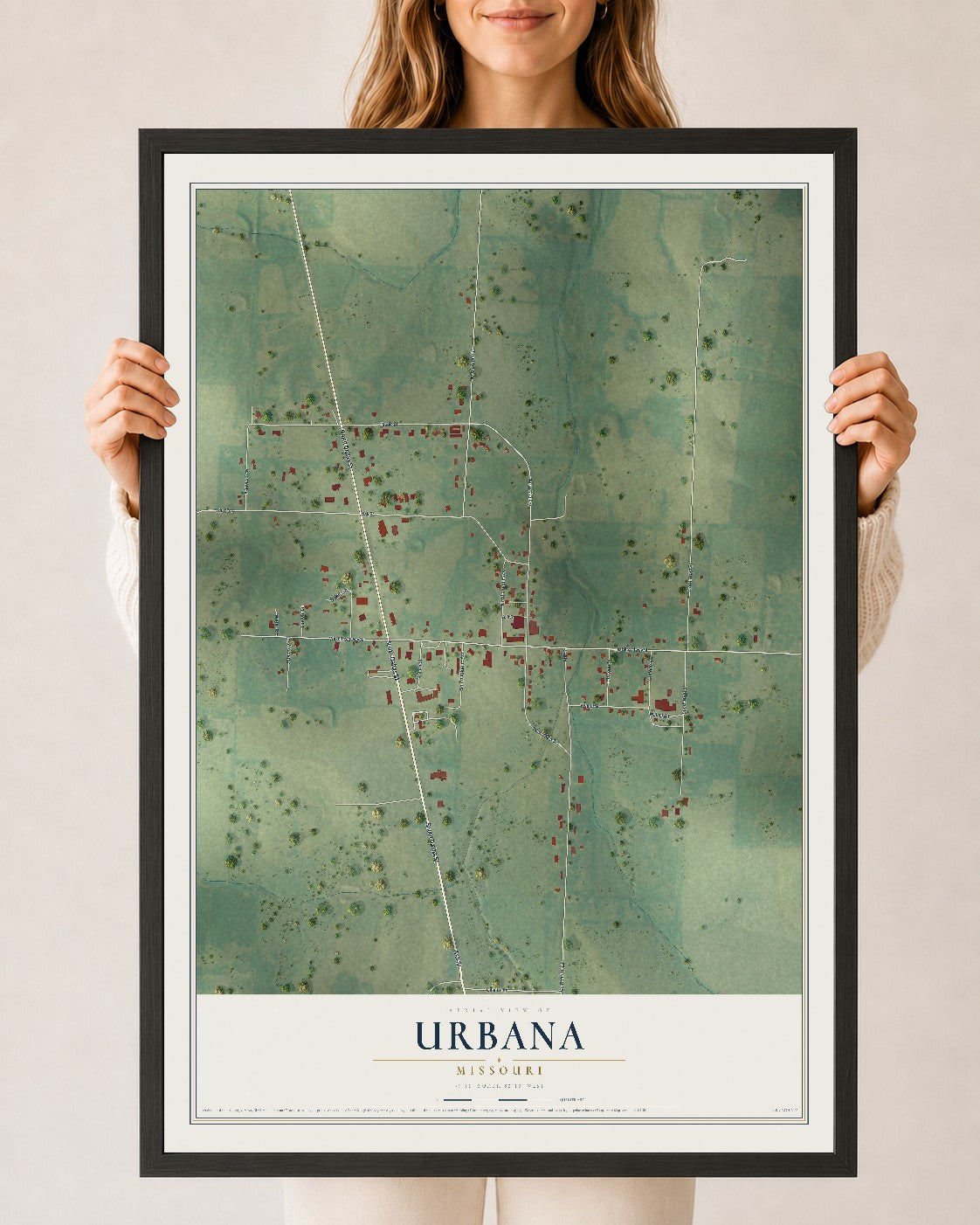 Map of Urbana, Missouri, 24 x 36 inch print in a black wood frame