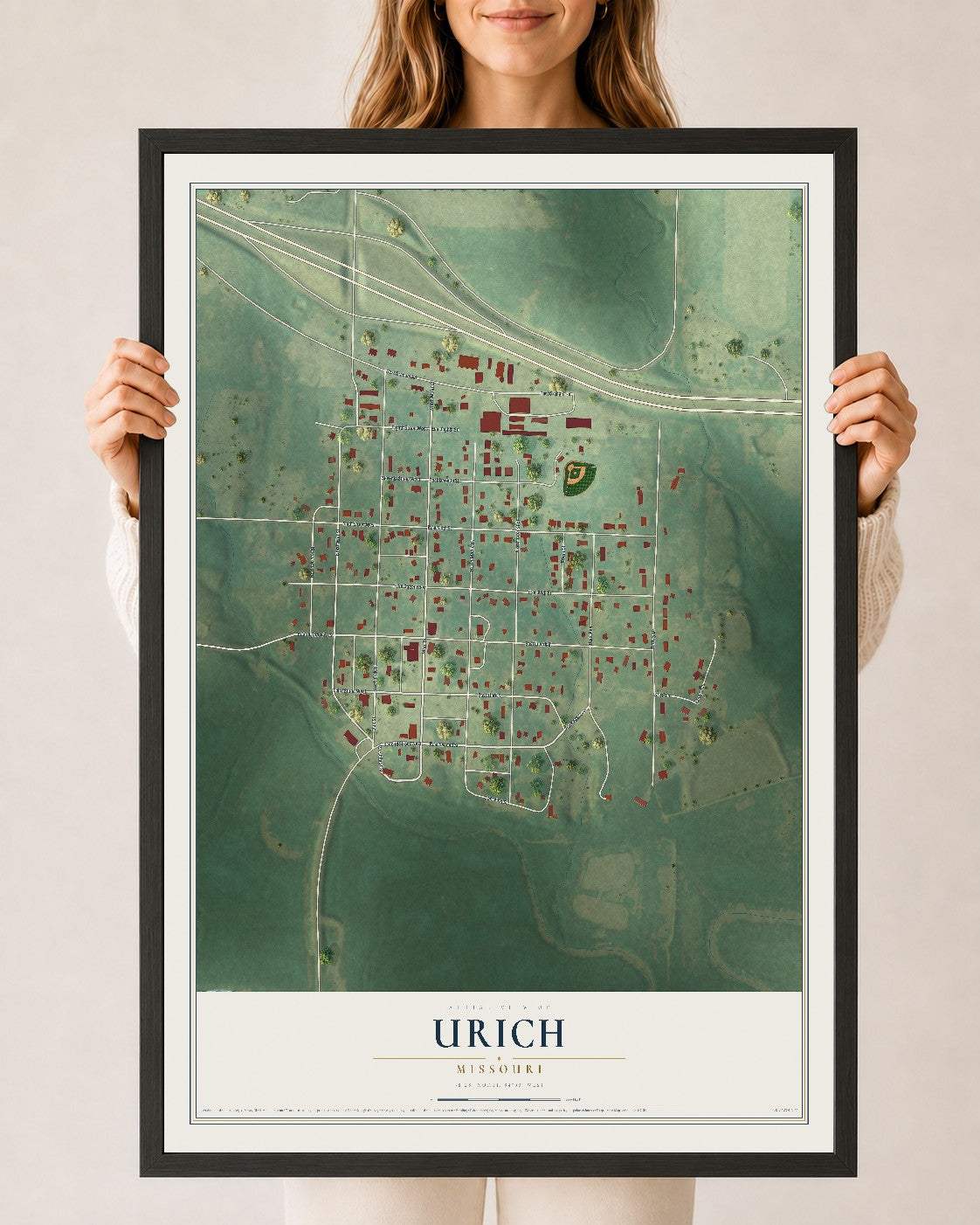 Map of Urich, Missouri, 24 x 36 inch print in a black wood frame
