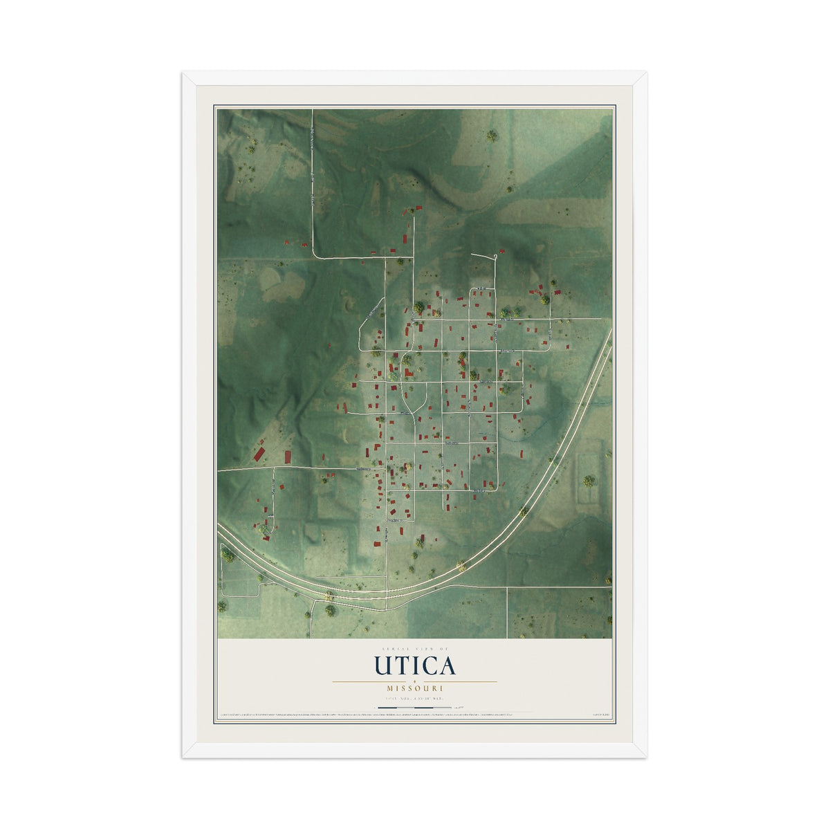 Map of Utica, Missouri, 12 x 18 inch print in a white wood frame
