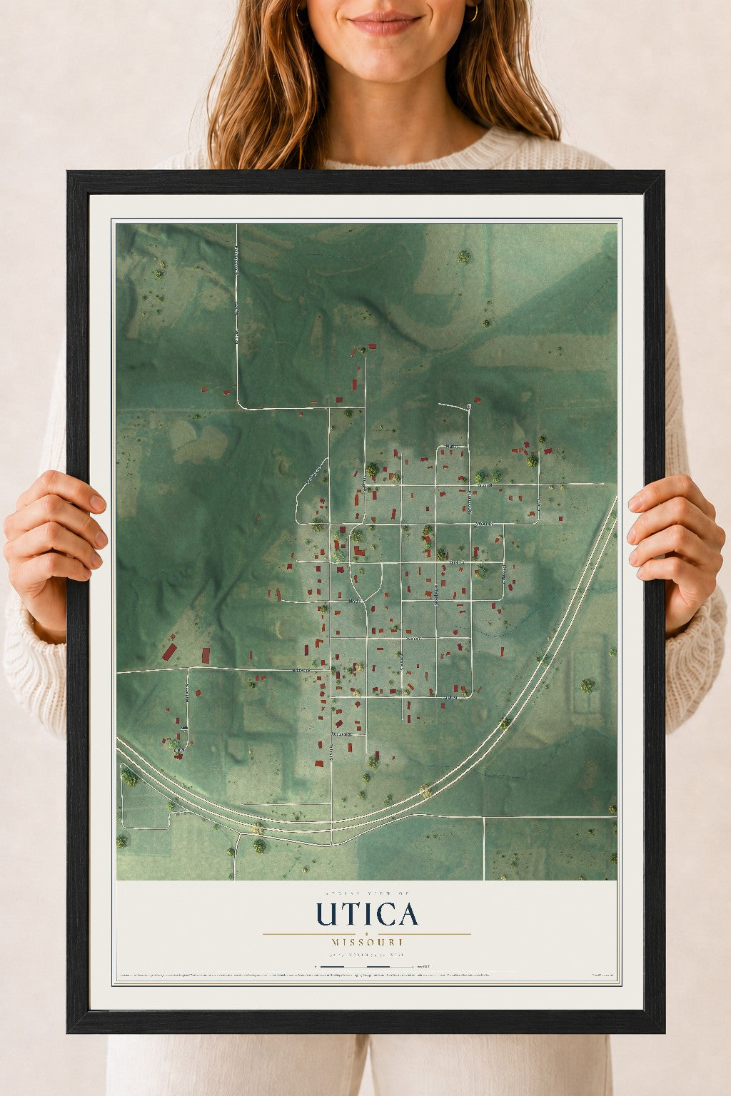 Map of Utica, Missouri, 18 x 24 inch print in a black wood frame