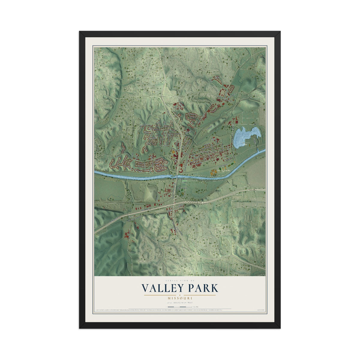 Map of Valley Park, Missouri, 12 x 18 inch print in a black wood frame
