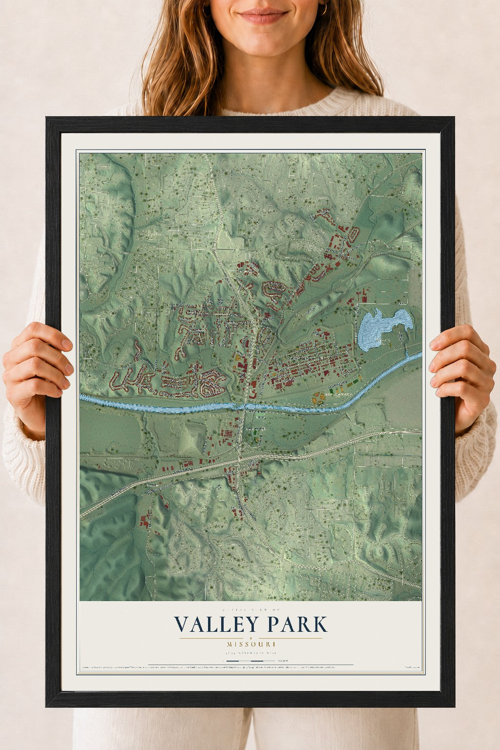 Map of Valley Park, Missouri, 18 x 24 inch print in a black wood frame