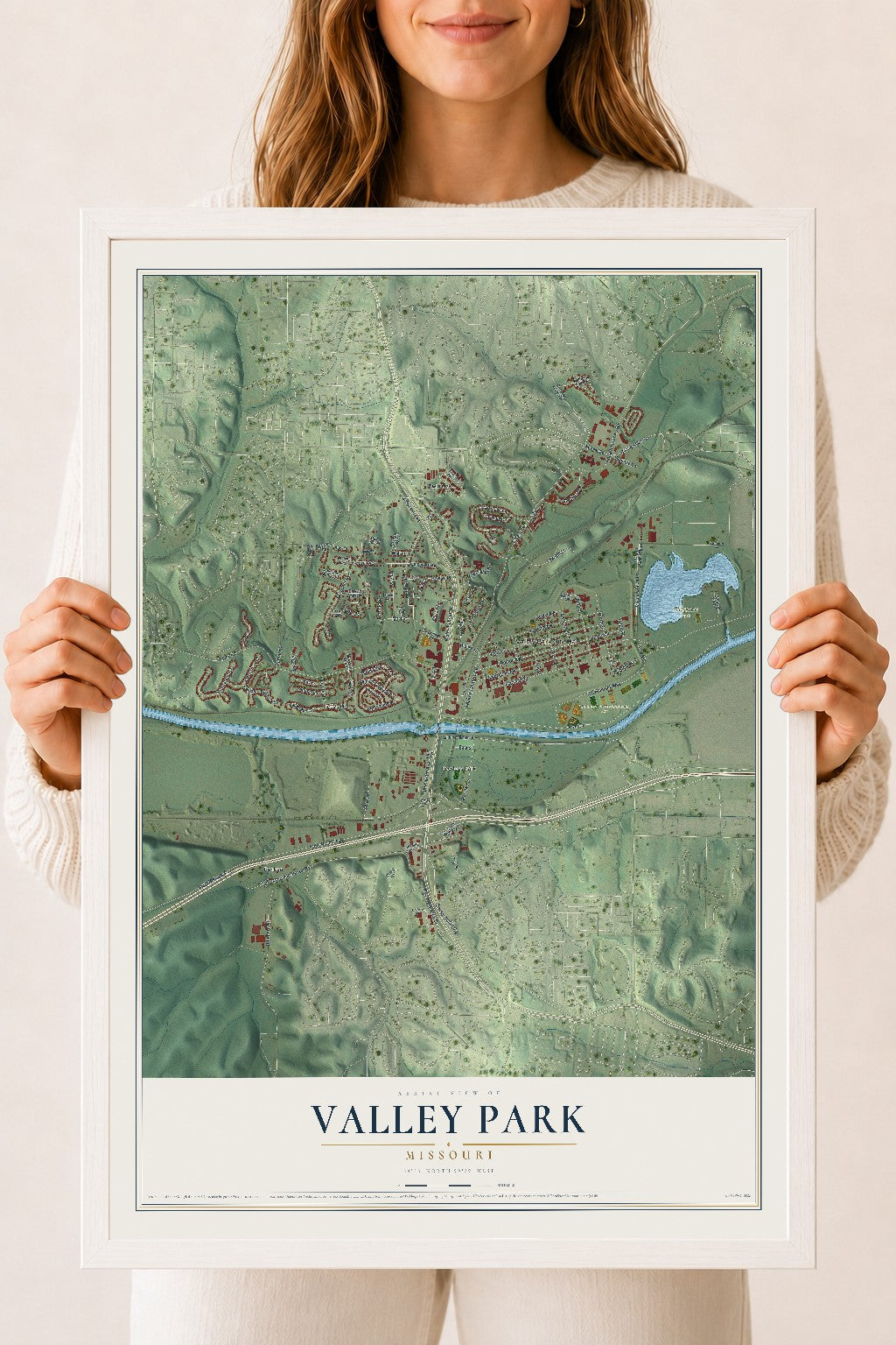 Map of Valley Park, Missouri, 18 x 24 inch print in a white wood frame