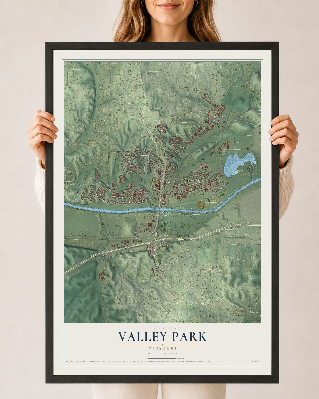 Map of Valley Park, Missouri, 24 x 36 inch print in a black wood frame
