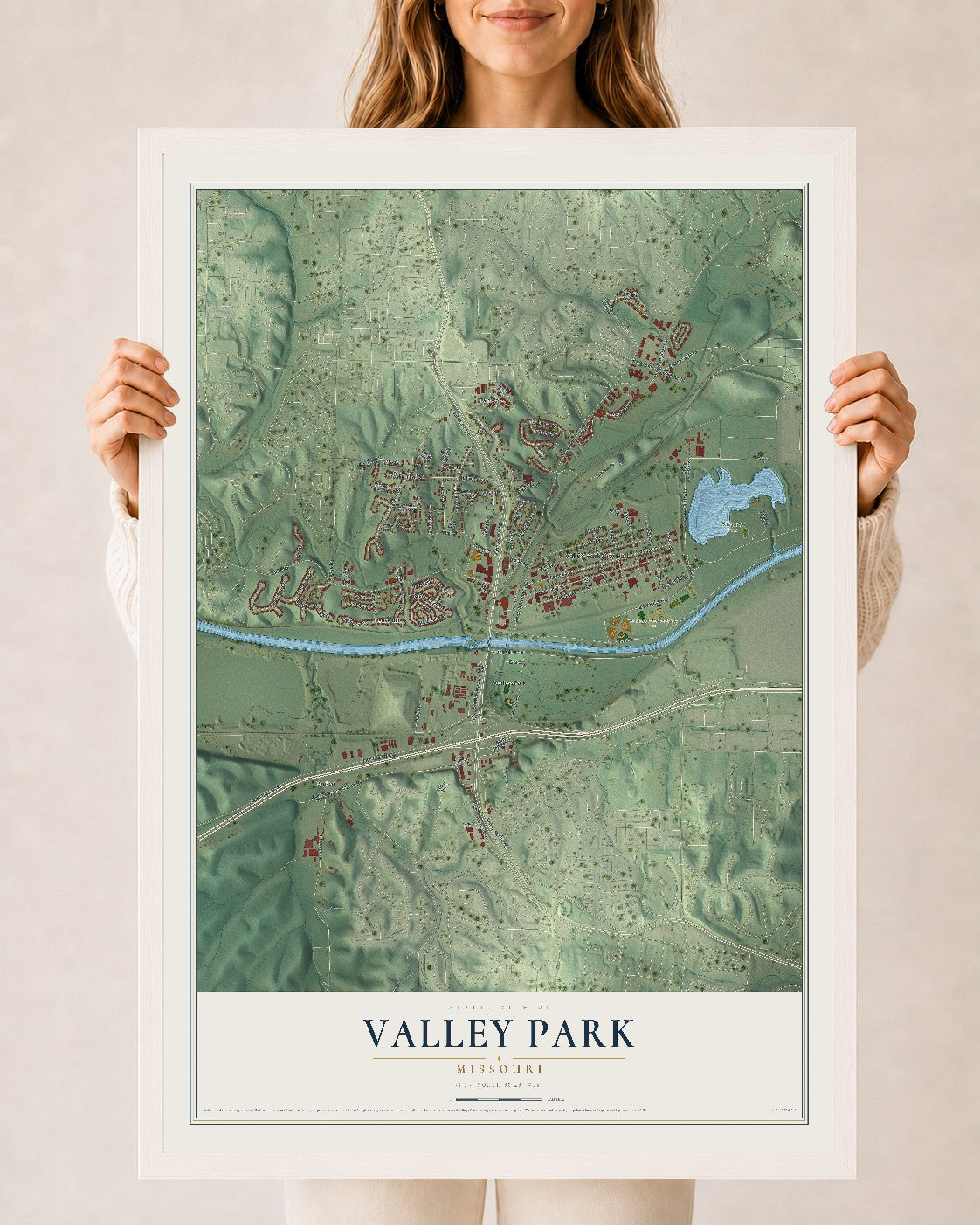 Map of Valley Park, Missouri, 24 x 36 inch print in a white wood frame